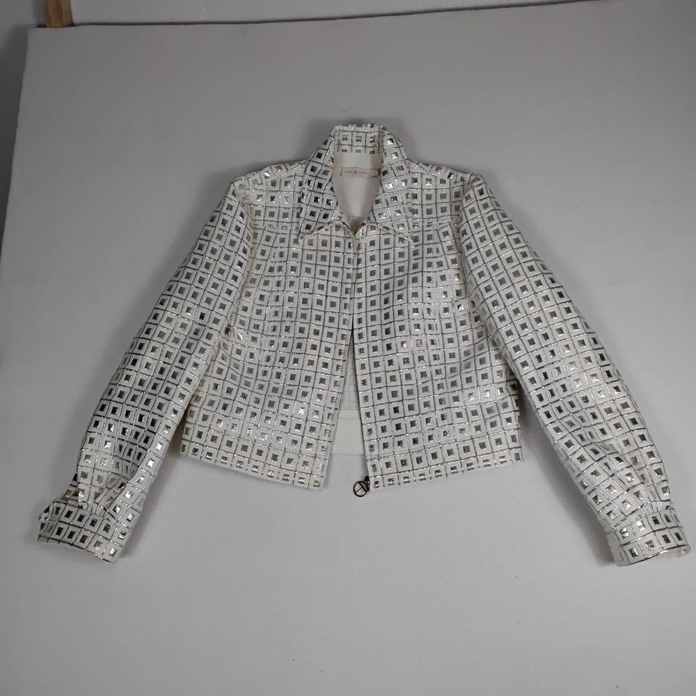 Tory Burch Womens 12 White Metallic Silver Geometric Zip Jacket Made Portugal